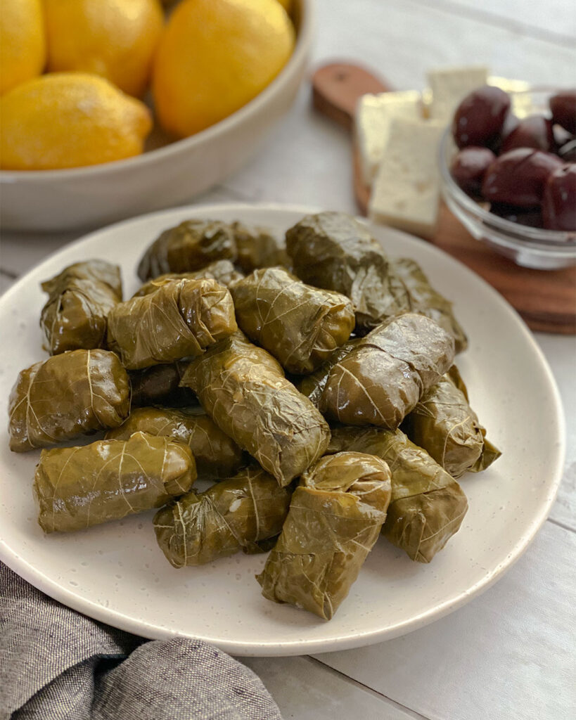 Yaprakia (stuffed grape leaves) on a plate