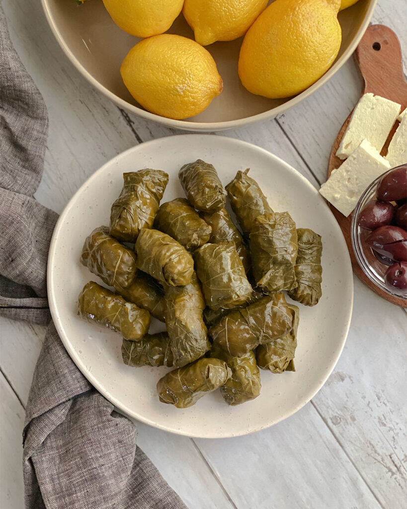 stuffed grape leaves arranges on a dish