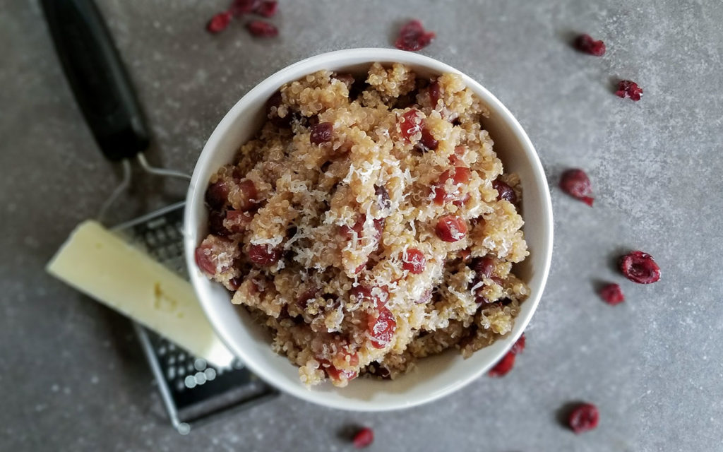 Cheesy cranberry quinoa in a bowl