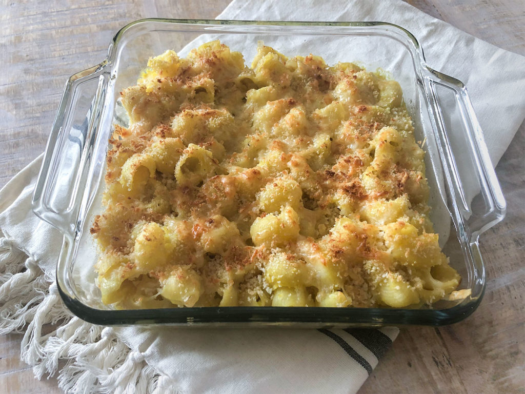 Healthier Mac & Cheese in a baking dish