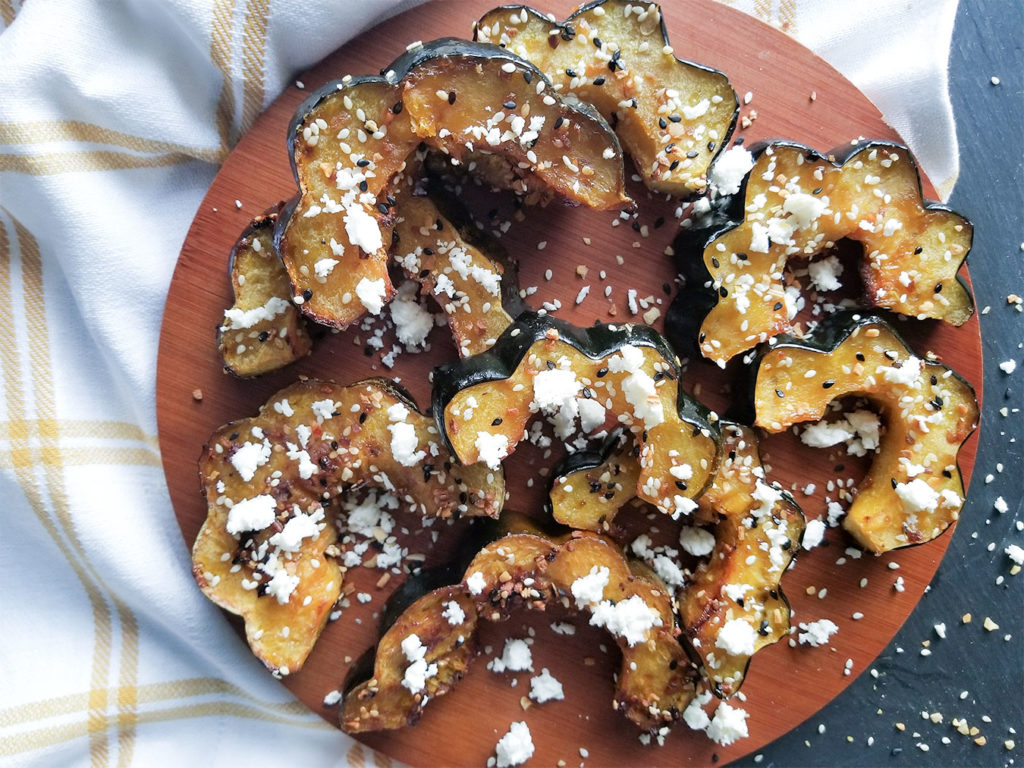 Everything Bagel Acorn Squash topped with feta cheese