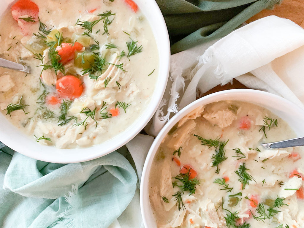 Avgolemono - Greek Lemon Chicken Soup in serving bowls