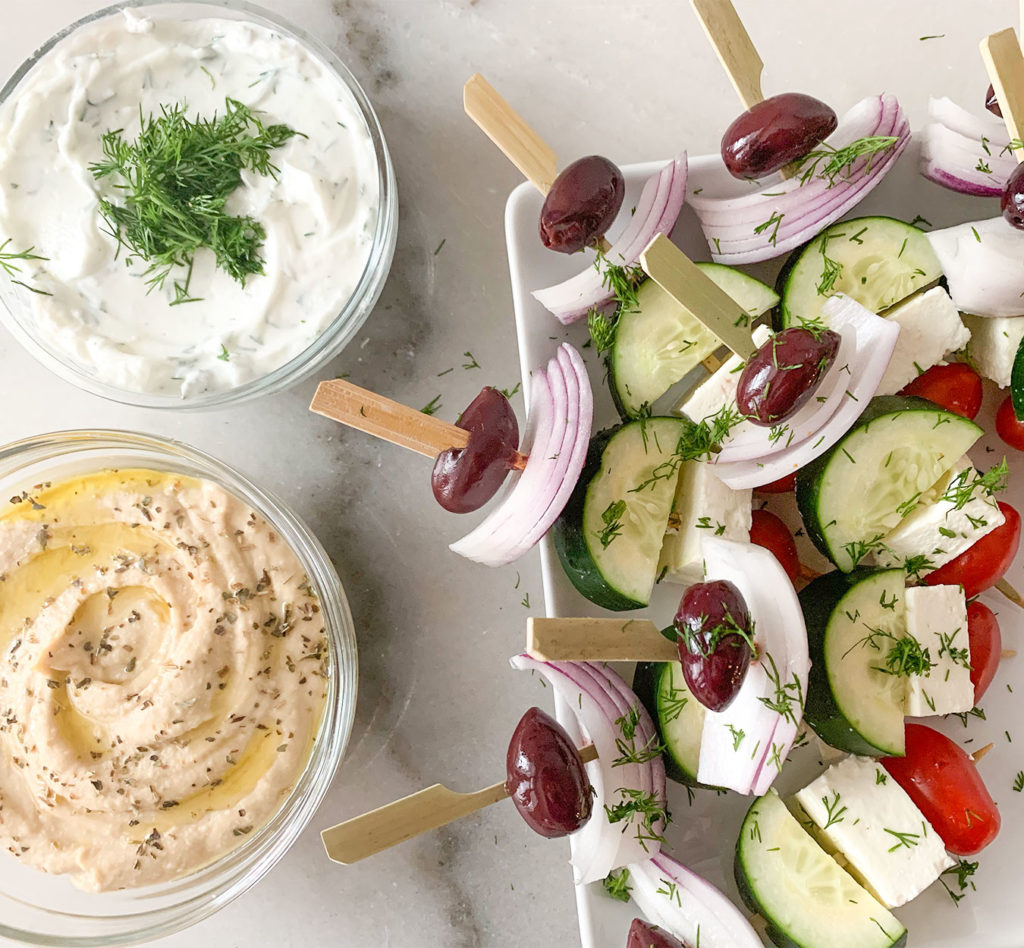 Greek Salad Kebabs with hummus and tzatziki