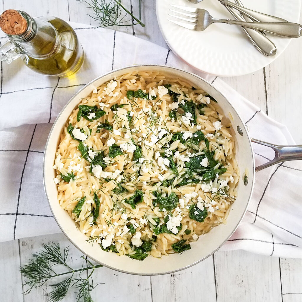 Mediterranean Orzo With Swiss Chard in the pan