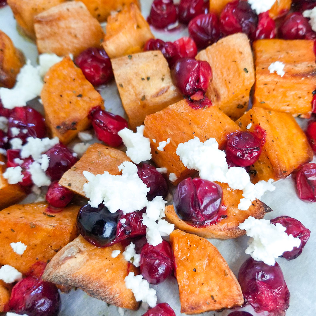 Roasted Sweet Potatoes with Feta and Cranberries